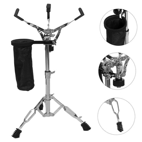 Pro Level Adjustable Snare Drum Stand With Heavy Duty Double Braced Tripod Base For 10 To 14 Inch Pads showing chrome steel frame and adjustable parts.