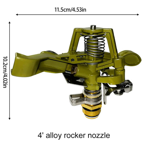 All Metal 360 Degree Rotating Garden Sprinkler With Copper Nozzle And Zinc Alloy Body, side view close-up with dimensions