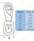 Heavy Duty Stainless Steel Flag Clips For Flagpole Rope 4 Pack 3.5 Inch Swivel Snap Hooks dimensions and specifications diagram.