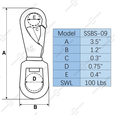 Heavy Duty Stainless Steel Flag Clips For Flagpole Rope 4 Pack 3.5 Inch Swivel Snap Hooks dimensions and specifications diagram.