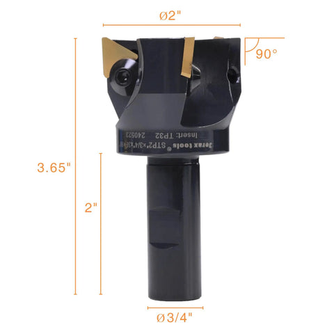 Three Quarters Inch Shank Indexable End Mill With Two Inch Cutting Diameter And Three Replaceable Carbide Inserts For A Heavy Duty