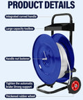 Heavy Duty Strapping Dispenser Cart With Fifty Packing Buckles And Solid Emergency Brake, Welded Steel Pallet Wrapping Trolley with blue reel and toolbox.