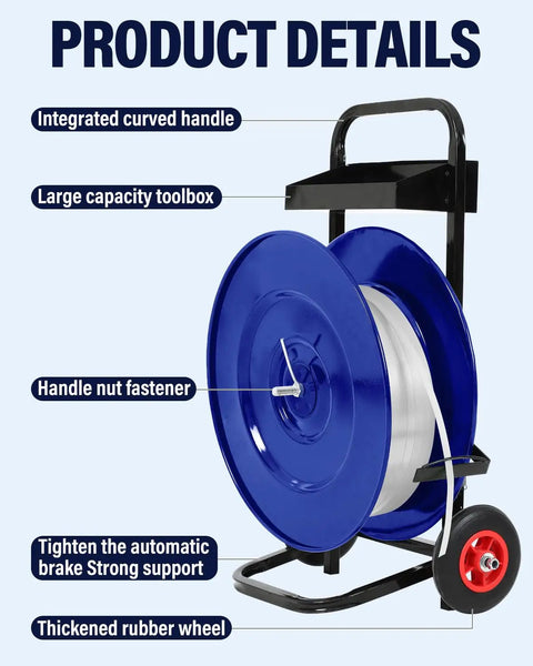 Heavy Duty Strapping Dispenser Cart With Fifty Packing Buckles And Solid Emergency Brake, Welded Steel Pallet Wrapping Trolley with blue reel and toolbox.