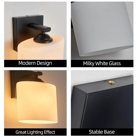 Modern Black Milk Glass Wall Sconces, 1 Pack Hardwired Wall Light Fixtures showing milky white glass and stable black metal base.