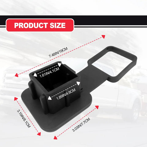 Beefed Up Heavy Duty 2 Inch Receiver Hitch Cap With Dust Proof Plug dimensions shown over car in background.