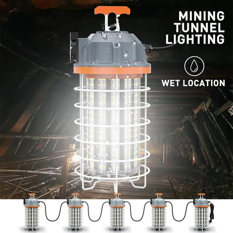 Beefy 150W LED Temporary Work Light IP64 Portable Linkable 24250 Lumens 5000K Daylight for wet location mining tunnel lighting