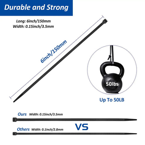 Self Adhesive Cable Zip Tie Mounts Kit With 3M Strong Adhesive, showing durability with 6-inch nylon tie holding 50 lbs.