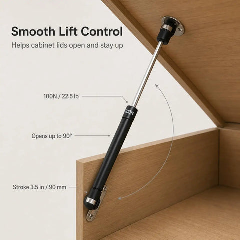 Set Of 4 Straight Up Heavy Duty Gas Struts With Smooth As Butter Operation 22.5 Pound Lift Force And 10 Inch Length Gas Springs shown on cabinet.