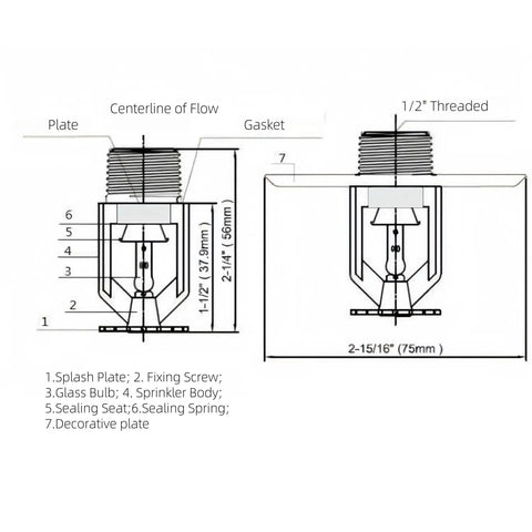 Detailed diagram of Top Shelf Pendent Fire Sprinkler Heads Chrome Finish Pack Of 6 Half Inch Npt Standard Response design and dimensions.