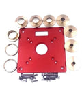 No Sweat Fit Aluminum Alloy Router Table Insert Bushings With Slick Precision Alignment Zero Drift Design for trim routers, red base with brass bushings.