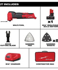 Badass Brushless 12V Oscillating Multi Tool Full Setup Kit includes multi-tool, battery, charger, wood blade, sanding pad, and contractor bag.