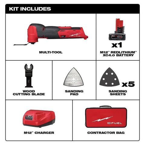 Badass Brushless 12V Oscillating Multi Tool Full Setup Kit includes multi-tool, battery, charger, wood blade, sanding pad, and contractor bag.
