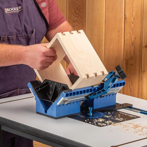 Person using Deluxe Spline Jig For Boxes And Frames Pro Grade Router Table And Table Saw Compatible Easy 45 Degree Setup