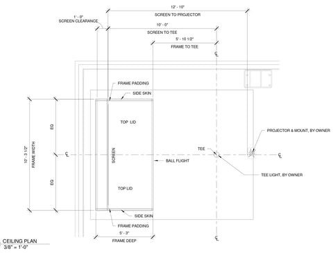 Technical drawing of Indoor Golf Simulator And Enclosure Package With Launch Monitor for home practice and real course play.