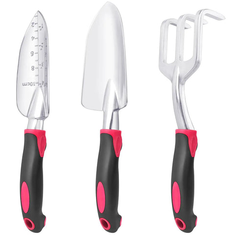 Heavy Duty Garden Tools Set 3 Pack With Shovel Transplant Trowel And Hand Rake Aluminum Alloy Handles Red Built For Digging Weeding Planting And Transplanting In Your Home Garden