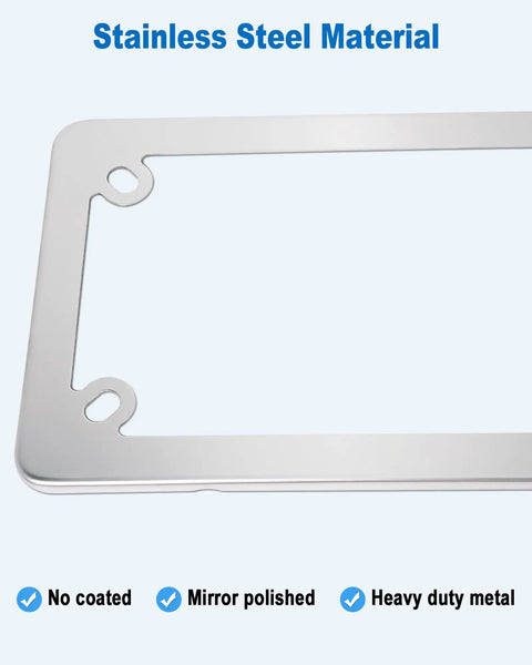 Close-up of chrome stainless steel motorcycle license plate frame with visible bolt holes and polished surface