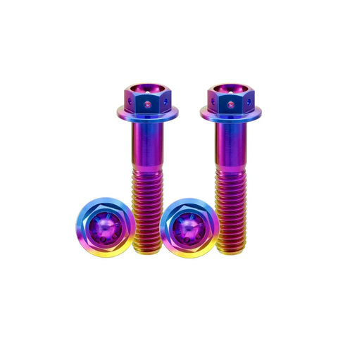 Premium Grade Titanium Flanged Hex Head Bolts M10 X125 Pitch X73mm Beefy Disc Brake Caliper Bracket Screws Pack Of Four in shiny colors.