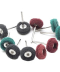 Various abrasive brush wheels with 3mm shank for rotary tools, multiple colors for polishing and sanding in fine finishing.