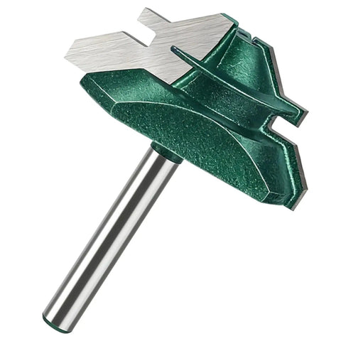 Top Notch 45 Degree Lock Miter Router Bit With Tungsten Steel Cutter For Woodworking Pros, 2 Inch head diameter, precise angle cutting tool.