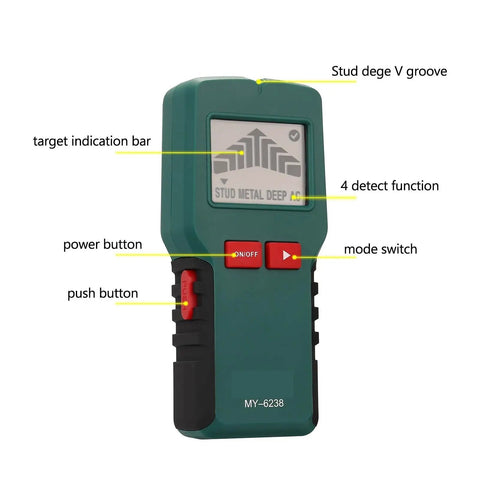 Straight Up 4 In 1 Wall Scanner And Stud Finder showing power button, mode switch, and LCD screen for drywall install.