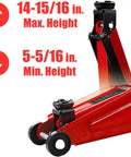 Torin Hydraulic Trolley Floor Jack 2.5 Ton Capacity With Blow Mold Carrying Case heavy duty red jack showing lift range