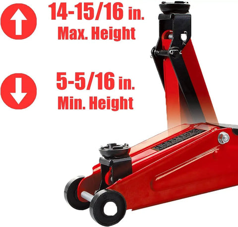 Torin Hydraulic Trolley Floor Jack 2.5 Ton Capacity With Blow Mold Carrying Case heavy duty red jack showing lift range