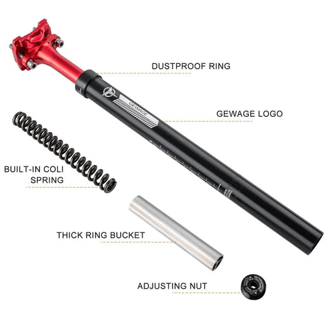 Shock Absorbing Bike Seatpost 31.6 X 400mm, Lightweight Aluminum Alloy Suspension Post with red black finish and components