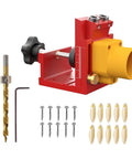 Top Shelf Aluminum Drilling Guide Jig For Cabinet Assembly And Woodworking With Zero Hassle Depth Controls showing a red and yellow drill guide.