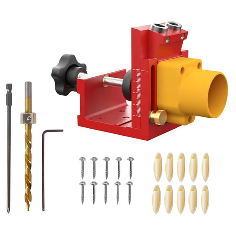 Top Shelf Aluminum Drilling Guide Jig For Cabinet Assembly And Woodworking With Zero Hassle Depth Controls showing a red and yellow drill guide.