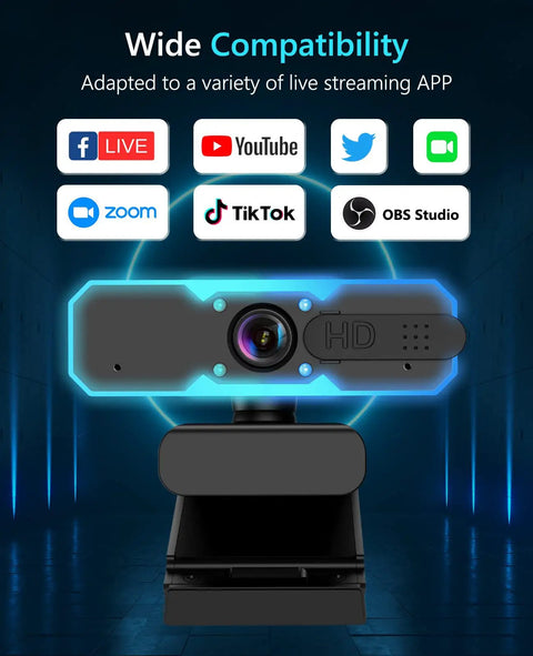 1080P 60Fps Streaming Webcam With Built In Mic And Glowing Rgb Ring Light Autofocus Camera for desktop with app logos