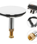 Adjustable Bathtub Drain Plug Silver Copper with Rotary Mechanism, round stopper with brass thread and rubber seal, 44-55mm adjustable height.