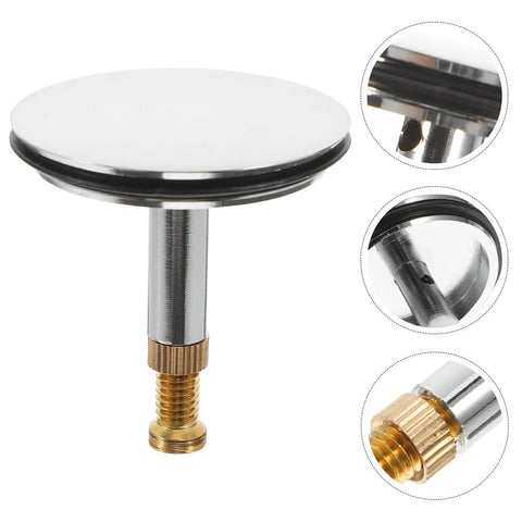 Adjustable Bathtub Drain Plug Silver Copper with Rotary Mechanism, round stopper with brass thread and rubber seal, 44-55mm adjustable height.