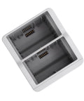 Top view of Two Way Drone Battery Charging Hub with Smart Display showing dual battery slots and compact design.
