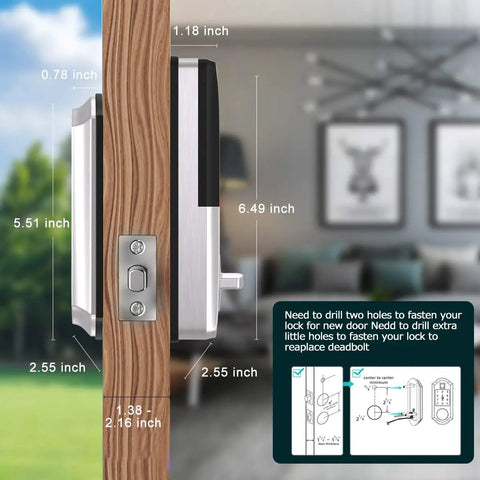 Fingerprint Smart Lock With Keyless Entry Electronic Deadbolt Bluetooth Keypad Digital Lock App Control Biometric Access Fobs Passcodes And Keys Satin Nickel Finish with side view dimensions and installation guide.