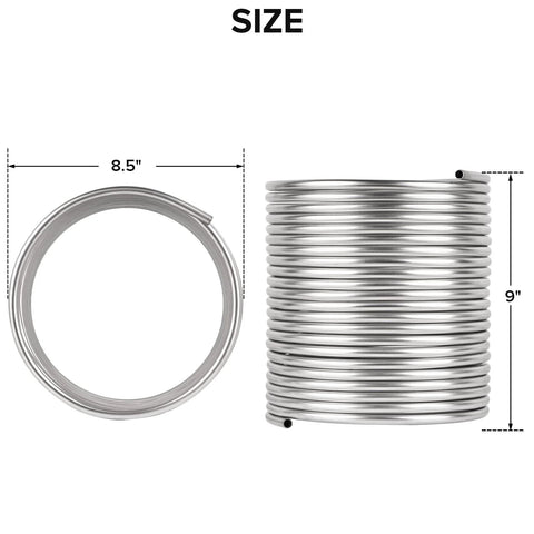Front and side views of 3/8 in x 50 ft stainless steel tubing coil, 304 SS, immersion ice bath/beer brewing coil.