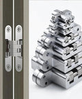 180 Degree Concealed Door Hinge Folding Heavy Duty Built In Stainless Steel Invisible Hidden Cross Gemel No 3 Hinge 1 Piece For Interior Doors Cabinets And Closets shown stacked and installed.