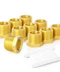 Ten Piece Brass Hex Bushing Reducer 1/2 Inch NPT Male To 1/4 Inch NPT Female Pipe Fitting set displayed on white background