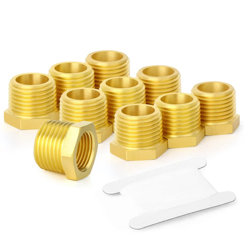 Ten Piece Brass Hex Bushing Reducer 1/2 Inch NPT Male To 1/4 Inch NPT Female Pipe Fitting set displayed on white background