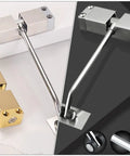 DIY Friendly Automatic Door Closer in aluminum alloy showing installation components for home, dorm, and mall use.