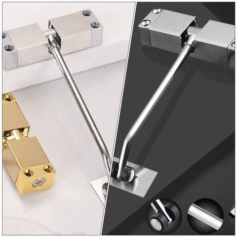 DIY Friendly Automatic Door Closer in aluminum alloy showing installation components for home, dorm, and mall use.