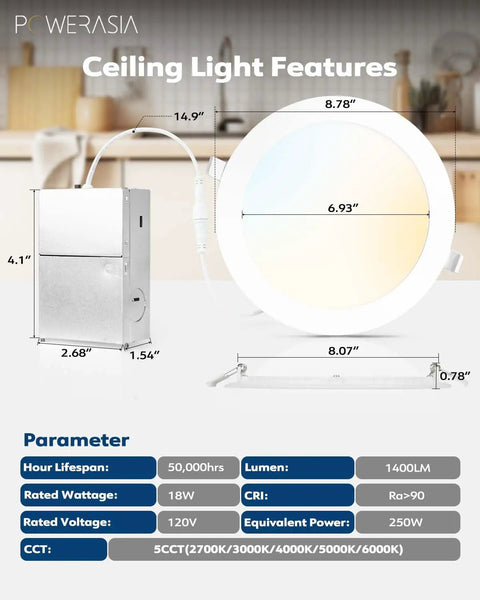 Six Pack 8 Inch LED Recessed Lights With Junction Box, Dimmable Five CCT 2700K To 6000K, 18W 1400LM Ultra Thin, No Fuss Energy Star And ETL Certified, Easy Install For Living Room, Kitchen, Hallways