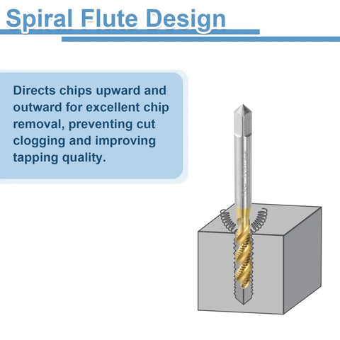 Spiral Flute Thread Tap Set 10-32 UNF H2 Right Hand Taps Titanium Coated 6542 High Speed Steel in action with chip removal demonstration.