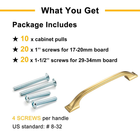 Brushed Gold Cabinet Hardware Three Inch Center To Center Drawer Pulls Ten Pack includes screws for easy installation.