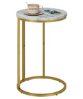 Marble Top C Shaped End Table With Gold Metal Frame, Compact Sofa Side Table That Slides Under Couch, top view with cup and phone