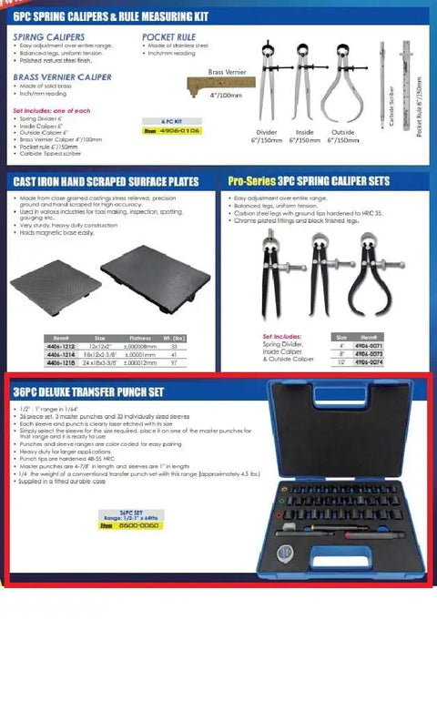 Image of Deluxe 36 Piece Transfer Punch Set From Half Inch To One Inch In Sixty Fourths With 3 Master Punches And 33 Sleeves