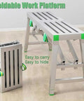 Built Tough Adjustable Portable Foldable Scaffold Tower Ladder Bench With 400kg Capacity shown folded and unfolded
