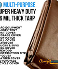 Multi-purpose 16 Mil Heavy Duty Tarp Cover For Car Boat Camping Tough As Nails, folded brown tarp with text labels on use.