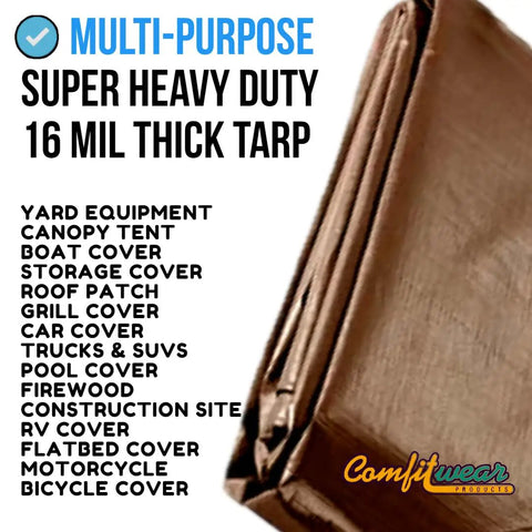 Multi-purpose 16 Mil Heavy Duty Tarp Cover For Car Boat Camping Tough As Nails, folded brown tarp with text labels on use.