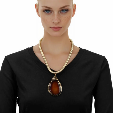 Bold Resin Stone Pendant Necklace With Long Rope Chain For Women Dope Statement Jewelry With Jeweled Metal Wire Accent Durable Wear Fashionable Costume Accessory In Rich Brown worn by model