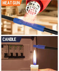 Two images showing marine grade heat shrink tubing being installed with a heat gun and a candle flame for waterproof insulation.